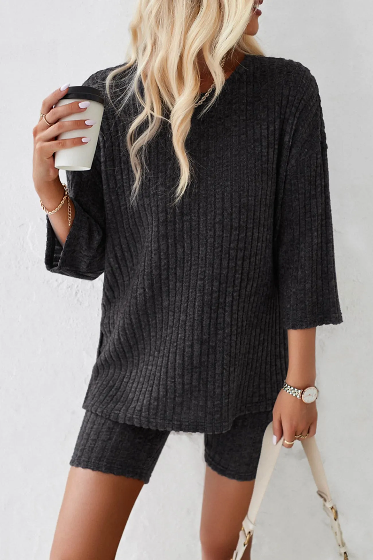 Maxct Ribbed Knit T-shirt Shorts Suits