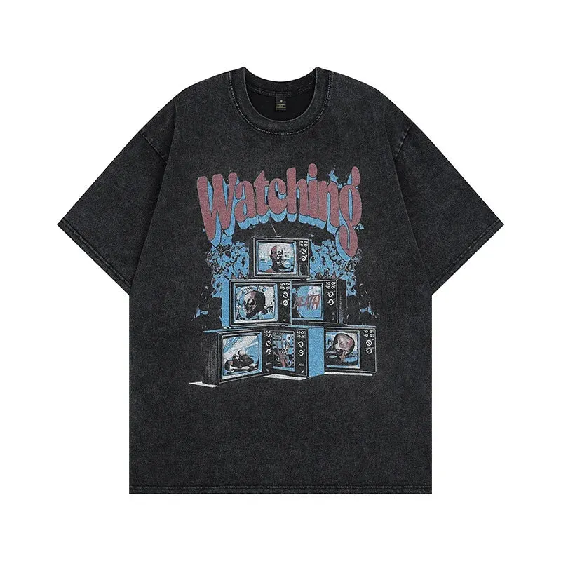 Maxct NWE Men's summer batik old short-sleeved tops retro high street dance skateboard loose casual personality printed shirt T-shirt