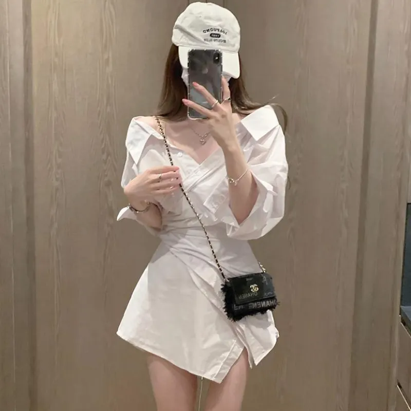 Maxct Sleeve Dresses Women Fashion New Sexy Ladies Off Shoulder White Solid Summer Female Mini Dress Leisure V-neck BF Irregular