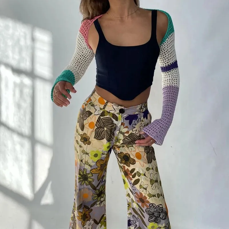 Maxct Sexy Crop Top Y2K Patchwork Crocheted Shawl Long Sleeves Mini Cover-ups Knitted Hollow Out T-shirt Women Fashion Streetwear