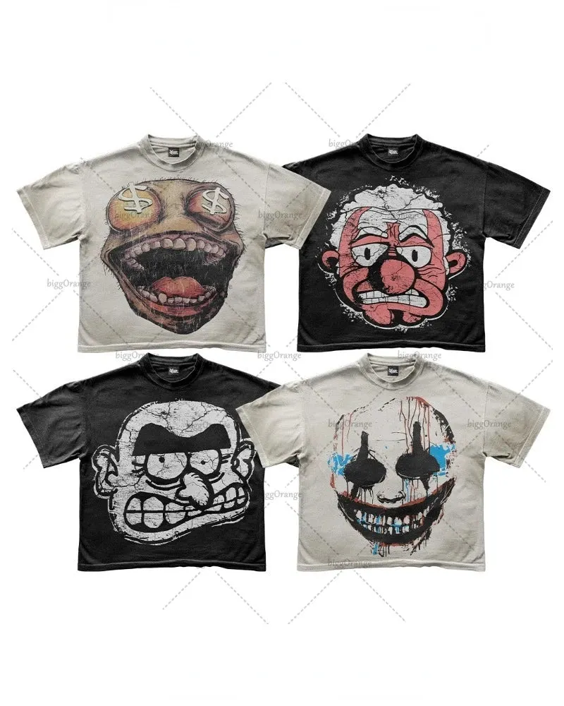 Maxct New Gothic American Retro Oversized T-shirt Men Y2k Cartoon Print Short-sleeved Men Spoof Punk Street Casual Loose Top Women