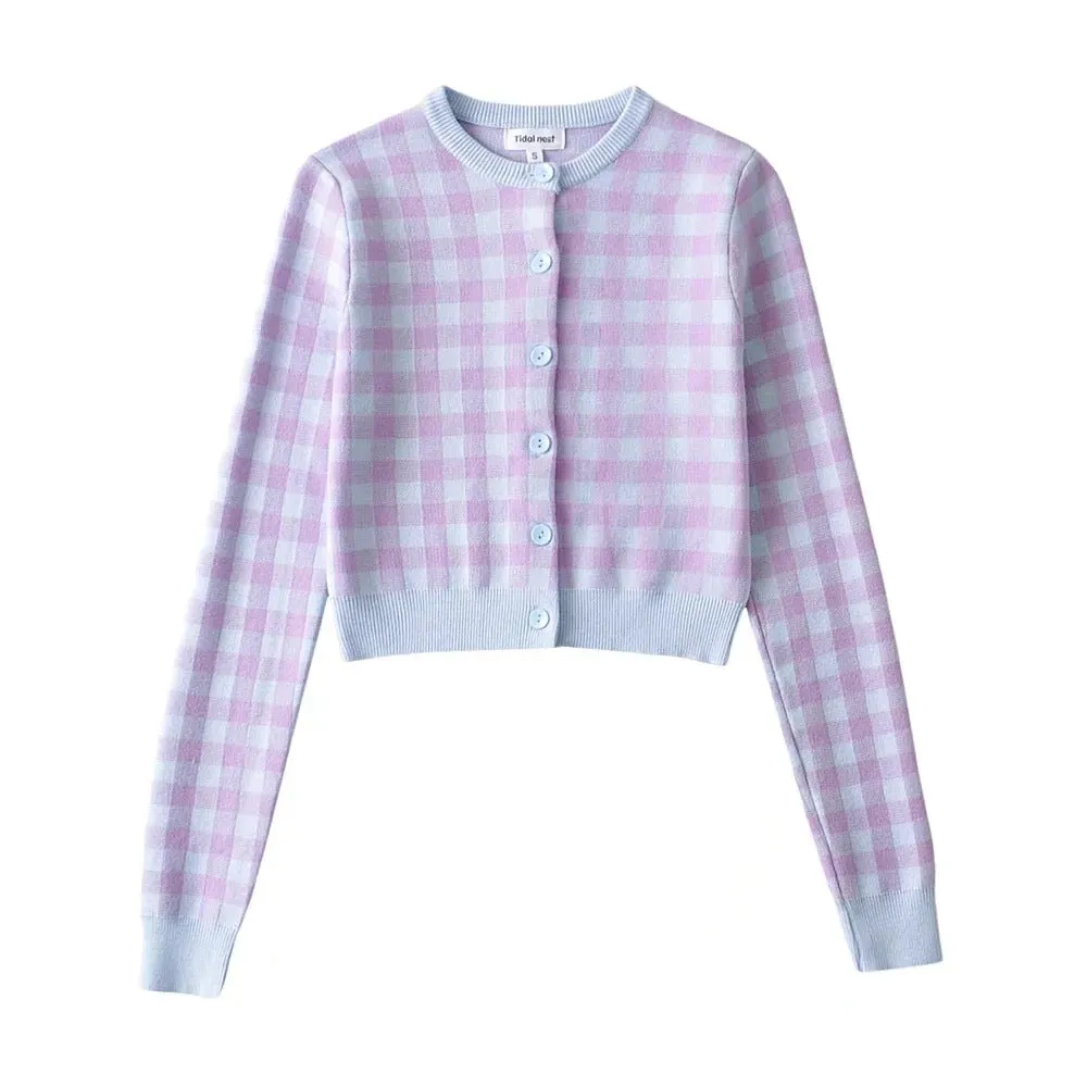 Maxct Checkered Button Front Knit Crop Cardigan