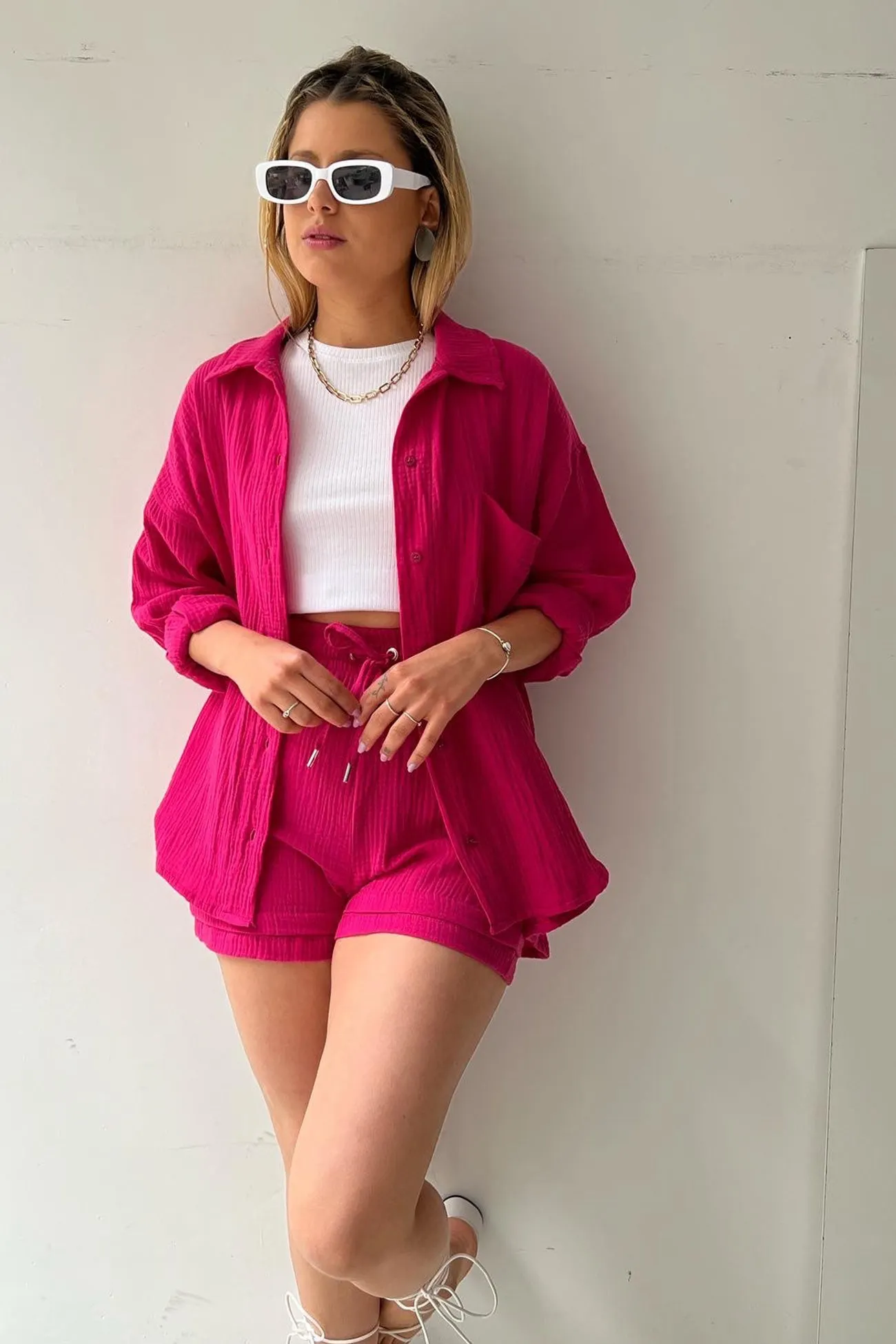 Maxct Long Sleeve Solid Color Shirt Shorts Set