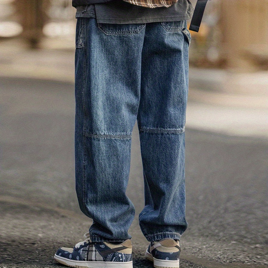 Wide Leg Cotton Jeans, Men's Casual Street Style Patchwork Denim Pants For Spring Summer