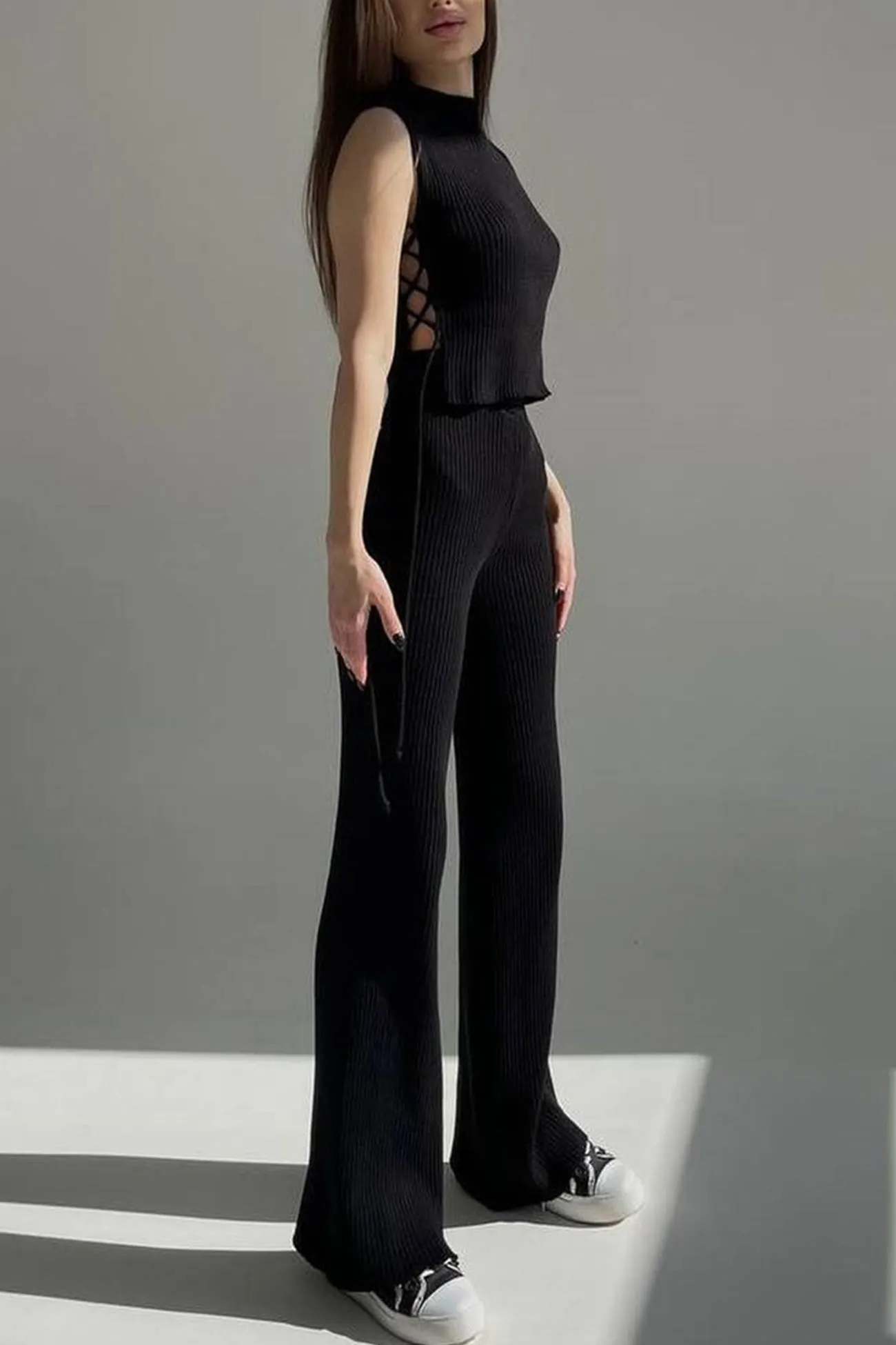 Maxct Ribbed Knit Lace-up Tank Top Pants Suits