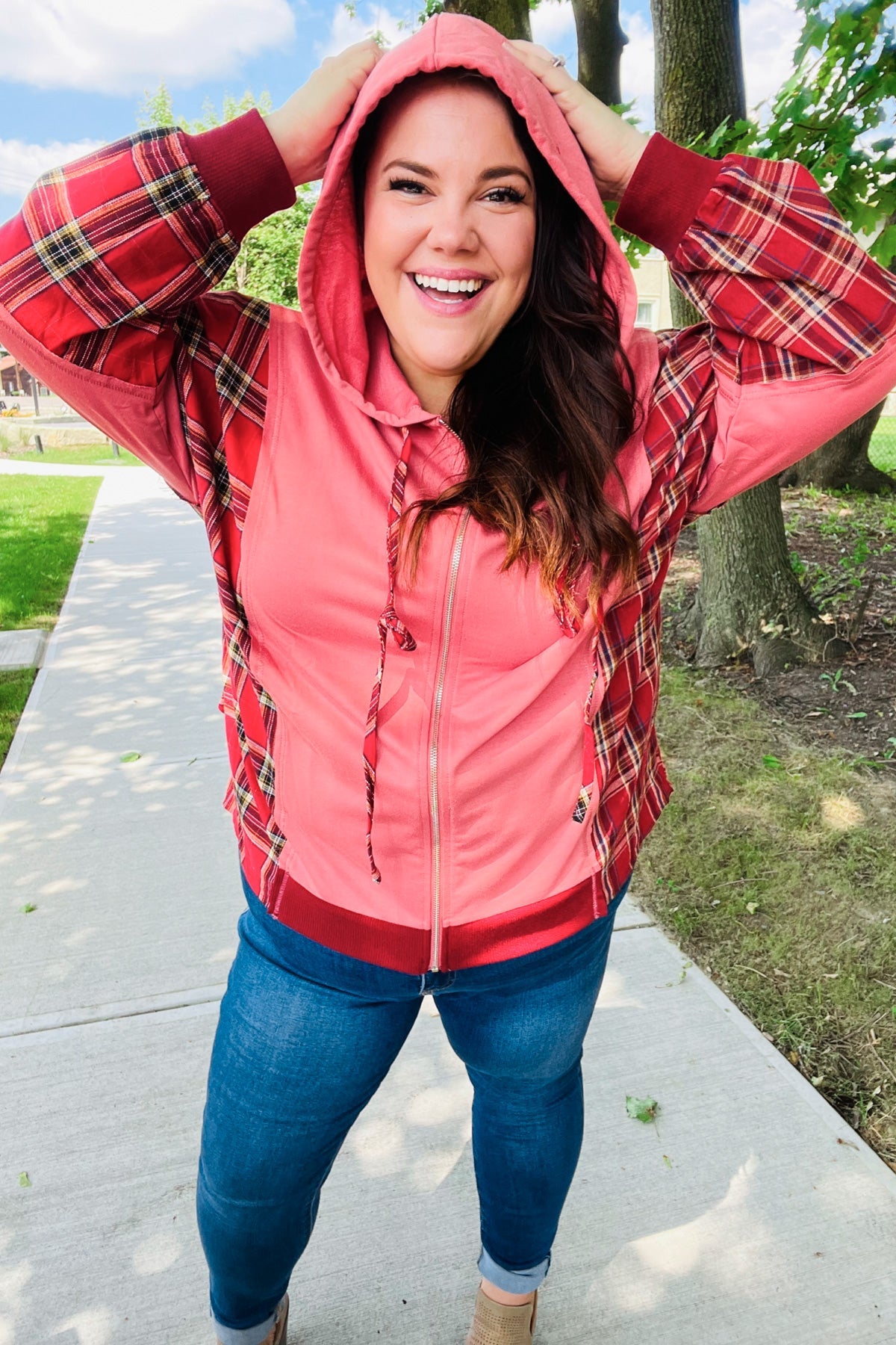 Maxct &Adorable in Marsala Plaid Color Block Zipper French Terry Hoodie