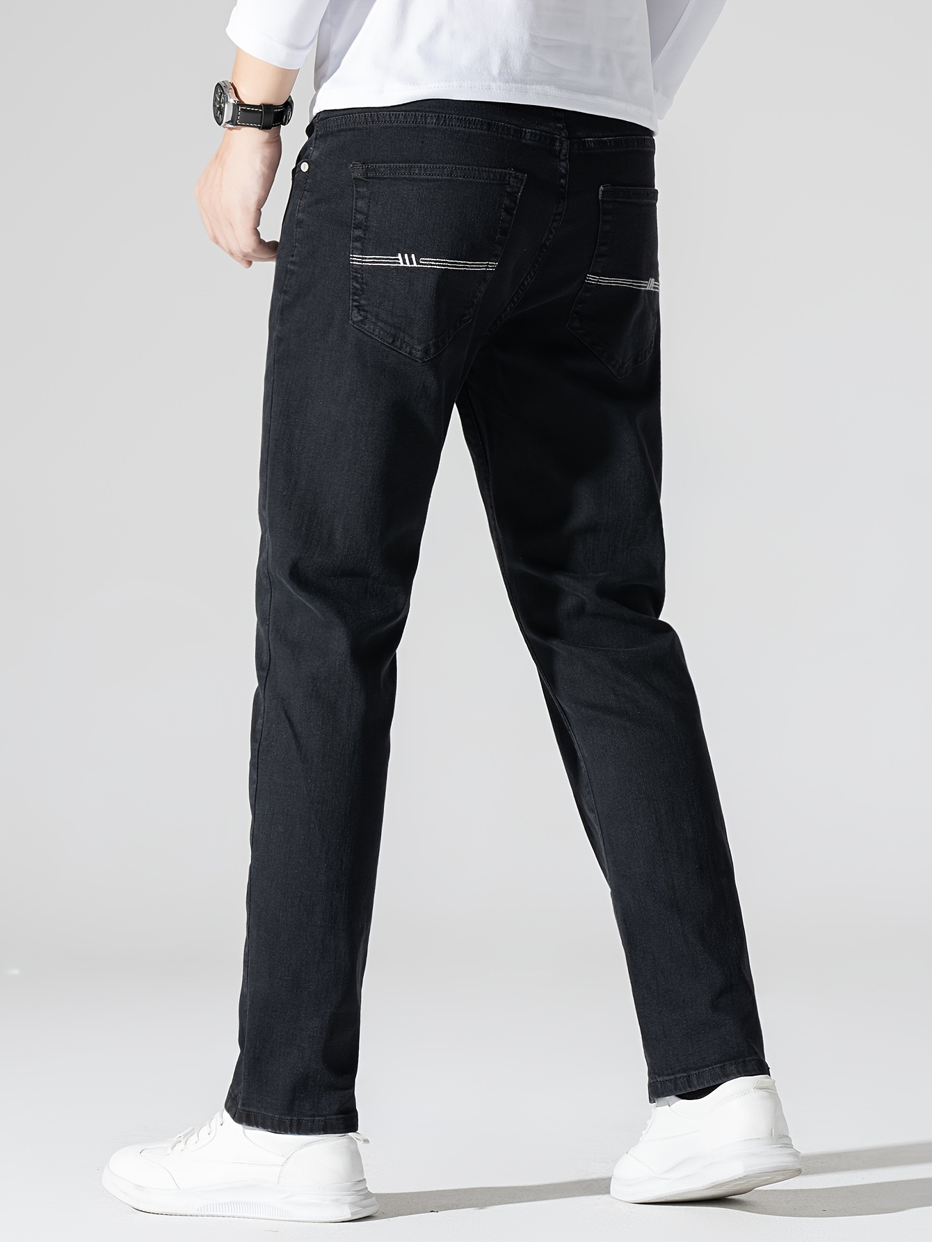 Men's High Stretch Jeans For Business, Slim Fit Denim Pants With Pockets For Spring Fall
