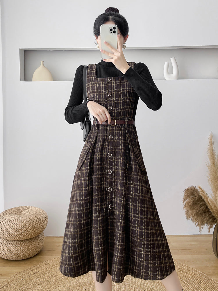 Button Up Plaid Pinafore Dress Maxct