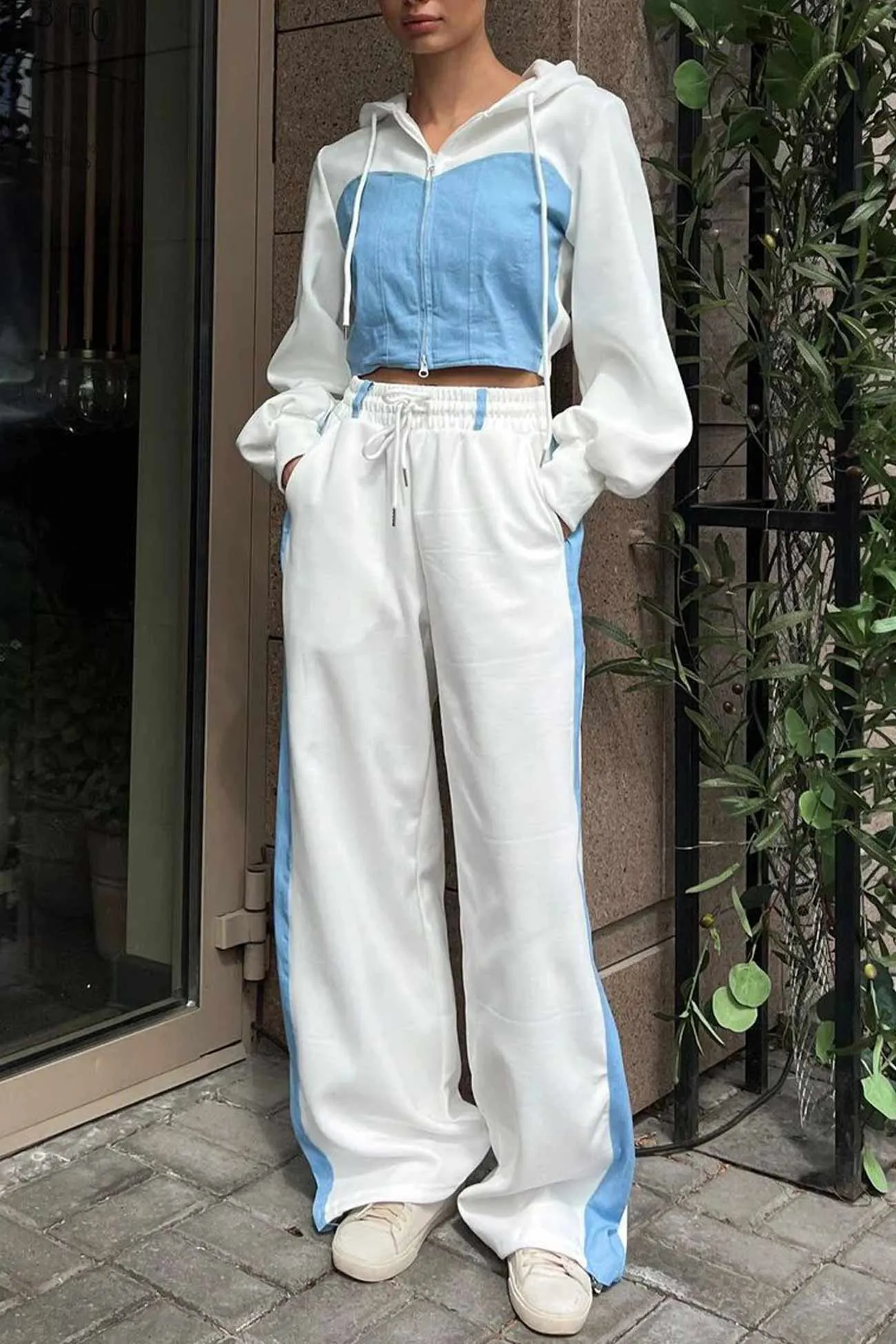 Maxct Patchwork Hooded Zipper Crop Top Pants Set