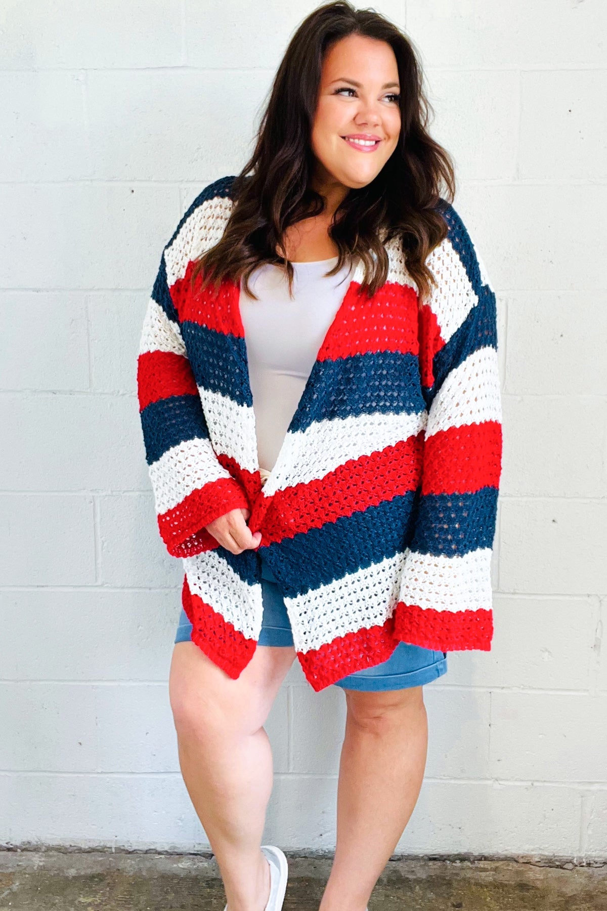 Maxct &Simply Patriotic Red White & Blue Striped Crochet Cardigan