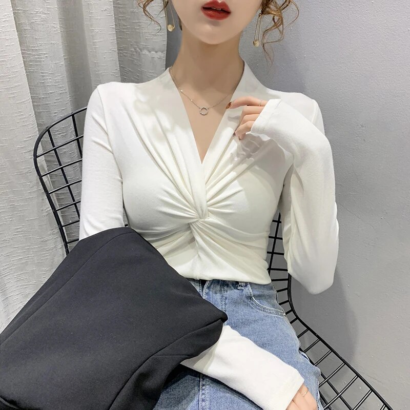 Maxct High Stretchy Tee Women's Full Sleeve Criss-Cross V-neck Tshirt Soft Sheath T-shirts Tops for Female