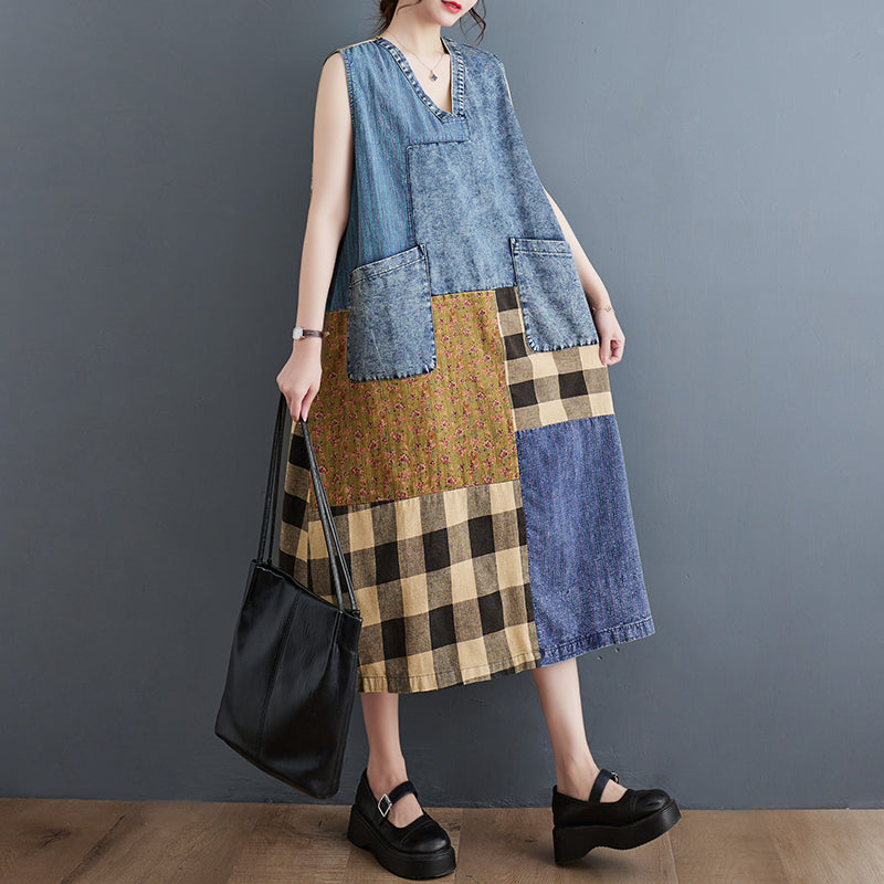 Retro Plaid Patchwork V-Neck Sleeveless Denim Midi Dress