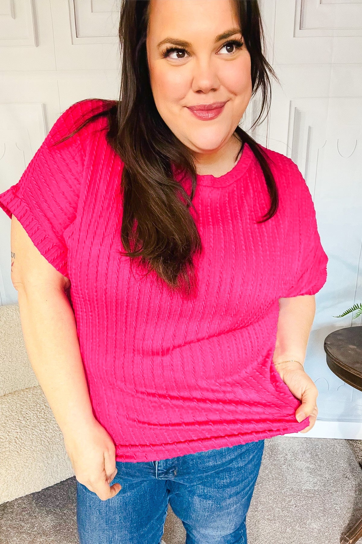 Maxct &Be Your Best Fuchsia Cable Knit Dolman Short Sleeve Sweater Top