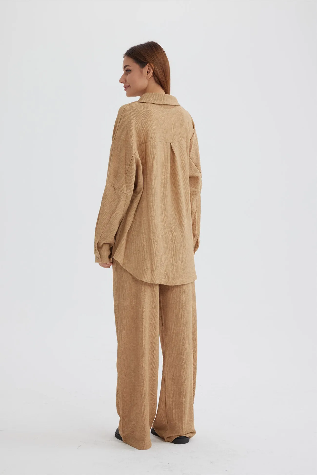 Maxct Two Piece Solid Color Long Sleeve Shirt Long Pants Set