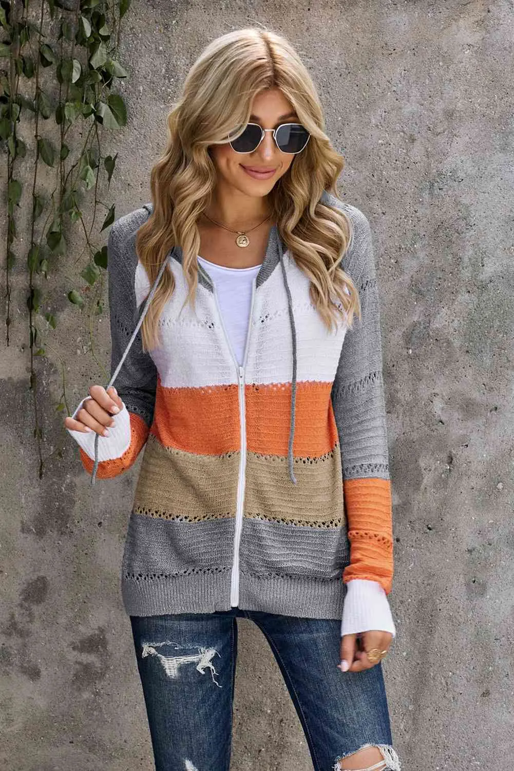 Maxct &Zip-Up Raglan Sleeve Openwork Hooded Cardigan - Image 3