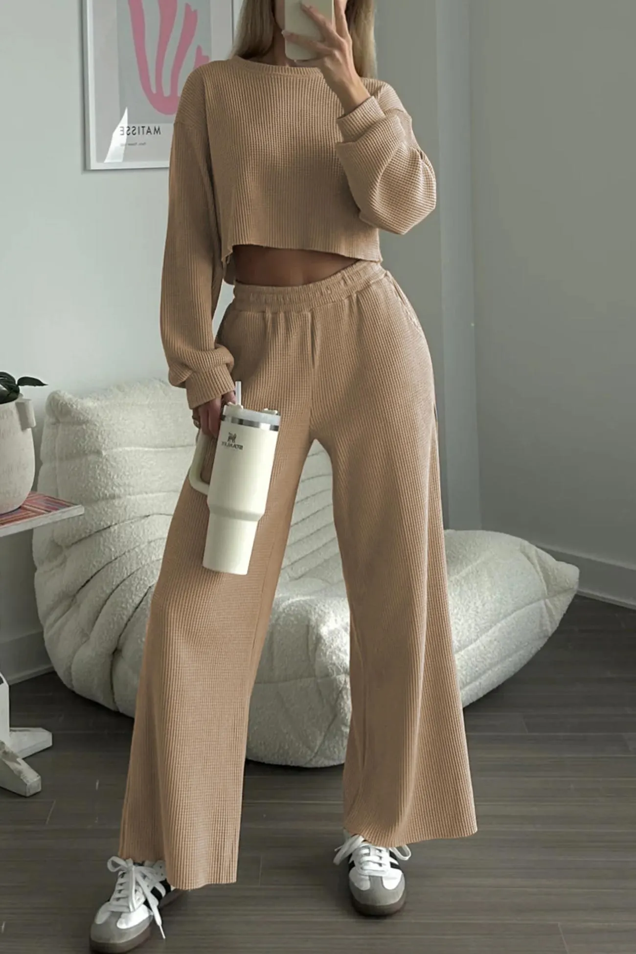 Maxct Waffle Solid Sweatshirt Long Pants Set