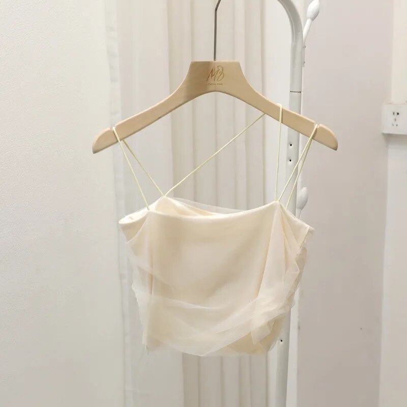 Maxct Mesh Camis Crop Top With Bra Girls Sweet Slim Padded Tube Tops Female Sided Zipper Tank Camisole