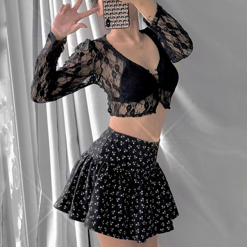 90s Vintage Button Up Long Sleeve Crop Top Floral Lace Transparent T-shirt Korean Harajuku Slim Fit Tees Y2K Women Streetwear