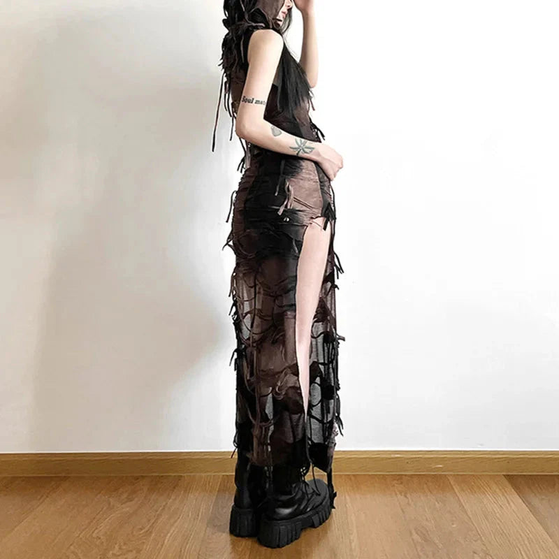 Grunge Dress y2k Tie Dye Print Sleeveless Side Split Hooded Dress Gothic Party Dresses Halloween Costume Maxct
