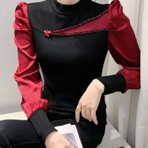 Maxct Women Full Puff Sleeve Beading Cotton T-shirts Girl Patchwork Contrast Color T Shirt Female Autumn Top