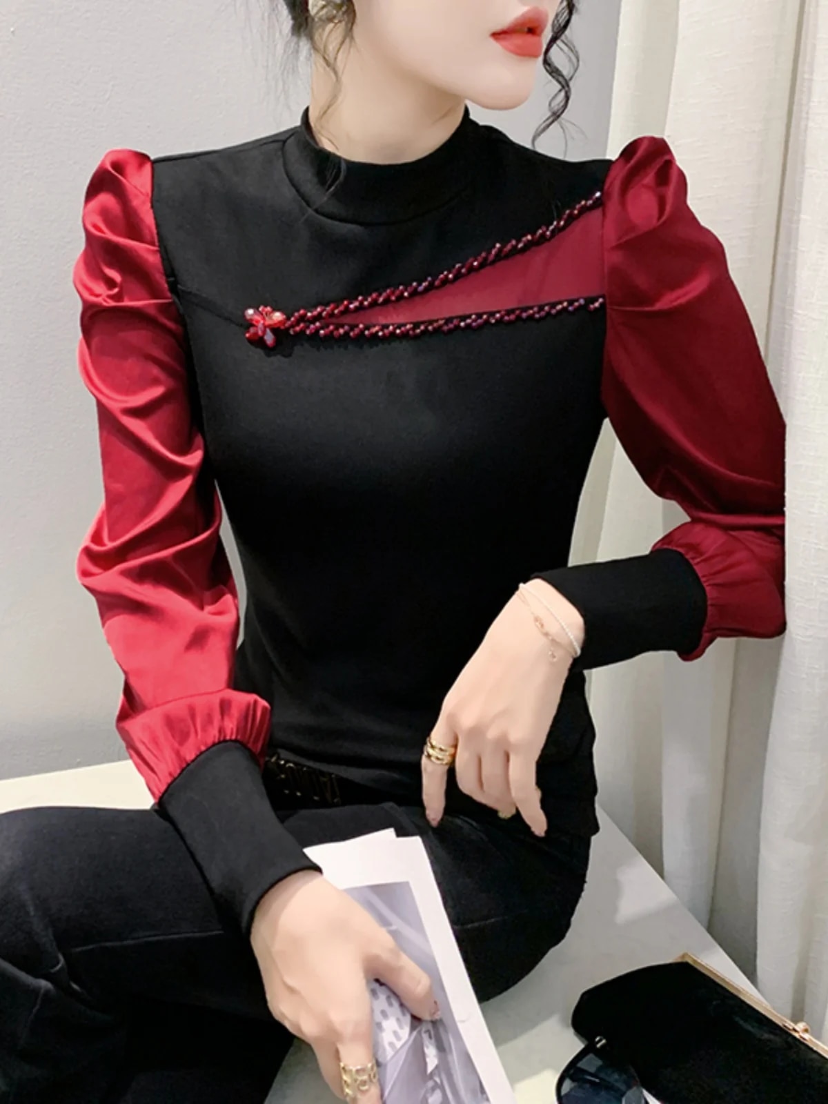 Maxct Women Full Puff Sleeve Beading Cotton T-shirts Girl Patchwork Contrast Color T Shirt Female Autumn Top