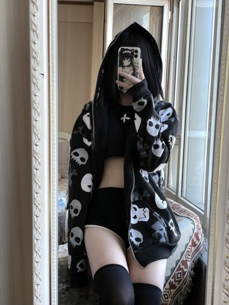 Skull Zip up Hoodie for Women Maxct