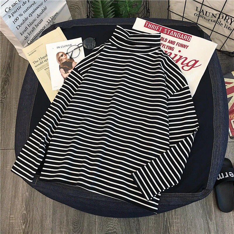 Maxct T-Shirts Women Long Sleeve Striped Solid Turtleneck Bottoming Shirt Korean Fashion All-Match Simple Loose Soft Tops New