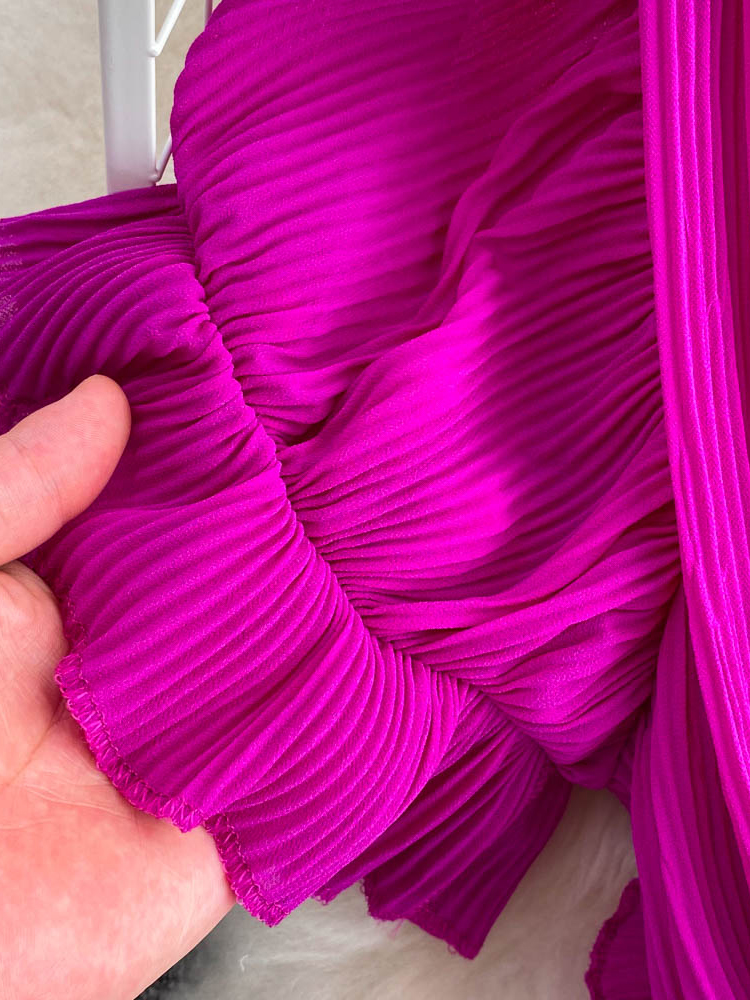 Women's Pleated Midi Dress Purple/Red/White Stand Collar Short Flare Sleeve High Waist A-Line Ruffle Party Vestidos Female