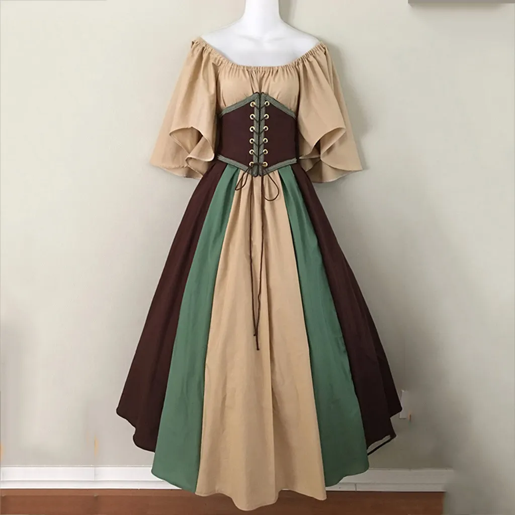 Maxct costume ideas Medieval Retro Contrast Color Slim Dress Flying Sleeve Large Swing Skirt off-Shoulder Dress Women's Cos Clothing Performance