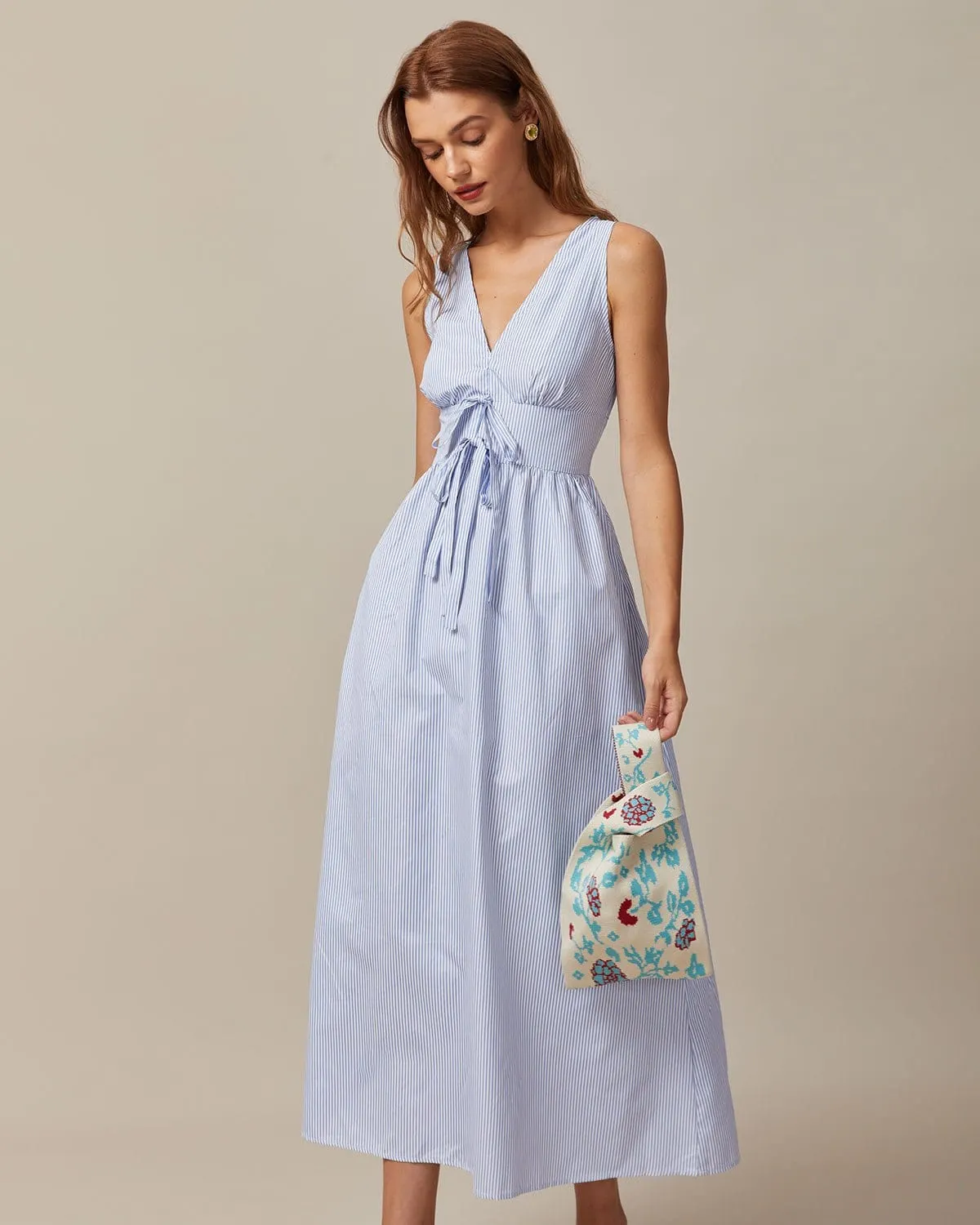 Maxct The Blue V Neck Shirred Striped Maxi Dress