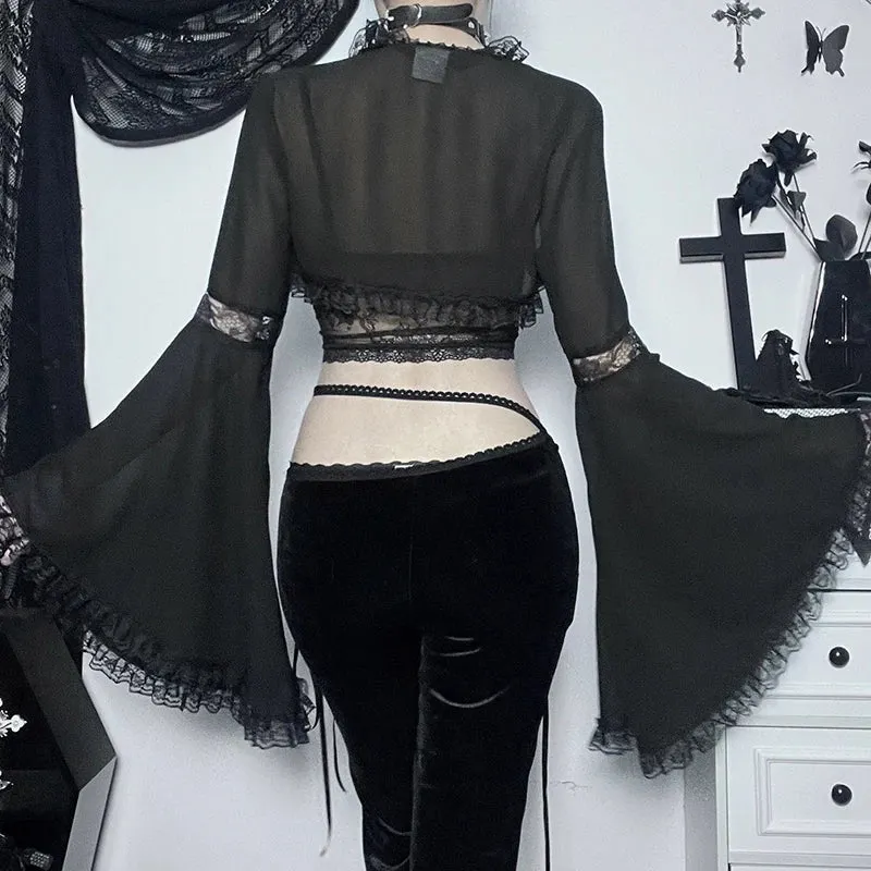 Maxct Women's Gothic Tops Dark Lace Lace Flared Sleeve Blouse Tops Street Sexy Slim Gauze Jacket