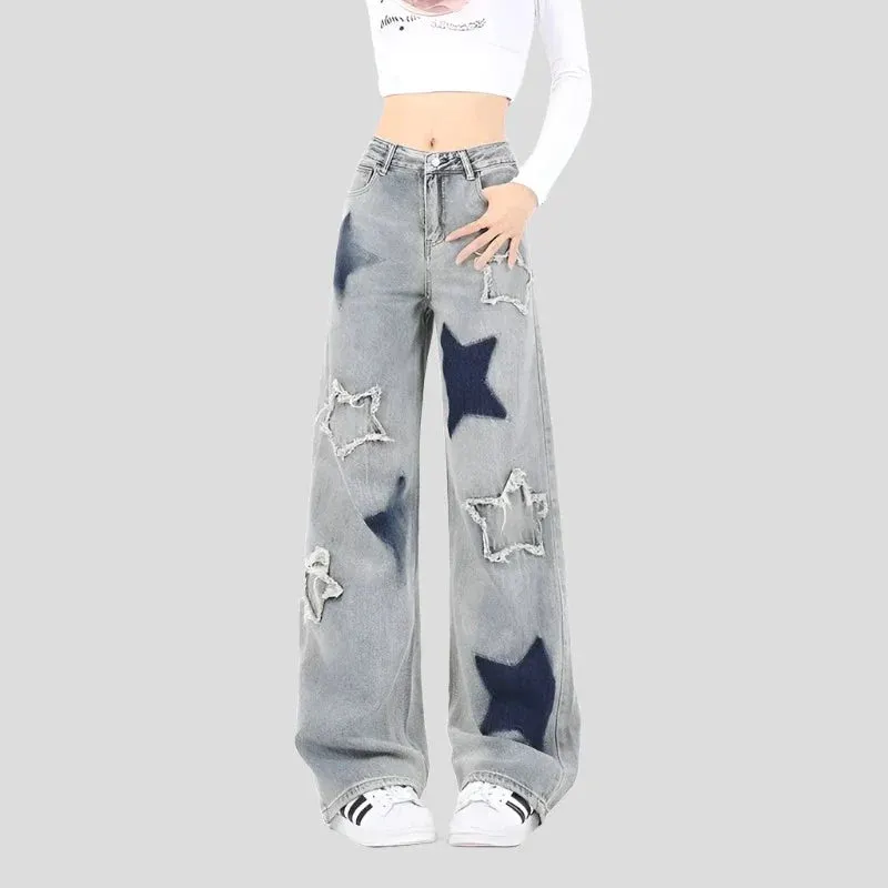 Blue Baggy Jeans with Five-Point Star Design Maxct