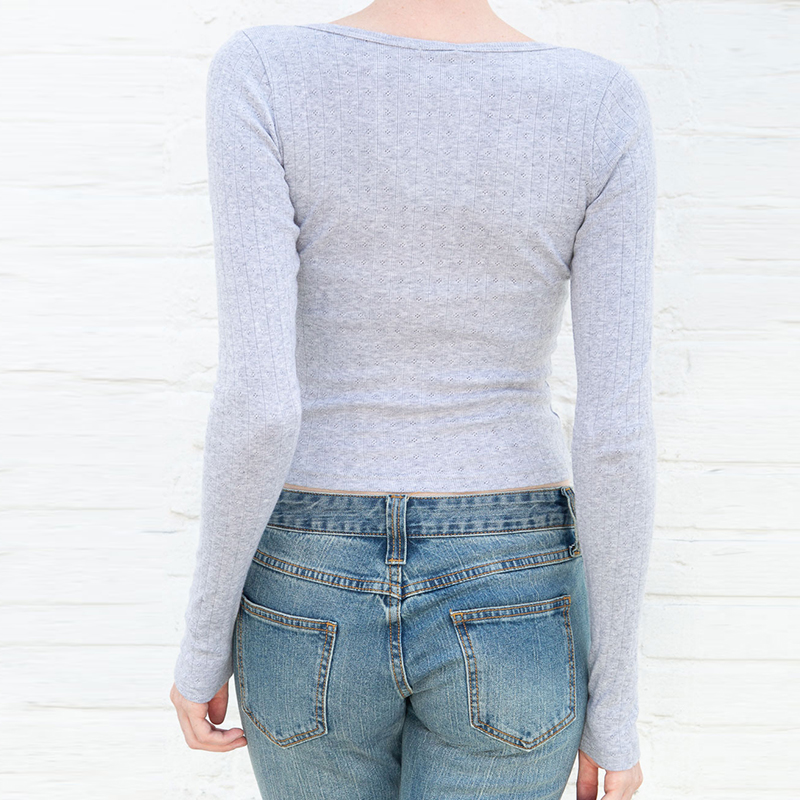Chic Women Sweet Floral Hollow Out T-shirt Ribbed Cotton Long Sleeve Basic Tees Autumn Button Up Slim Fit Crop Top Clothes