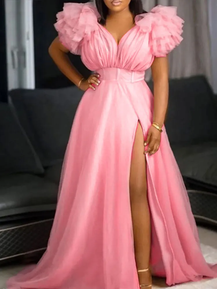 V Neck Tulle Ruffle Maxi Dress Maxct