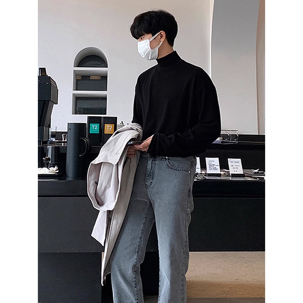 Maxct classy outfits men Solid Color Half Turtleneck Men's Spring and Autumn Long-Sleeved T-shirt Bottoming Shirt Korean Style Loose Casual High Sense Autumn Inner Wear Men
