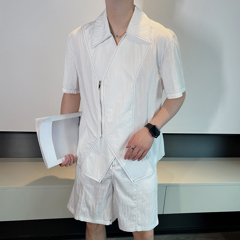 Maxct Summer Topstitched Zip Shirt Shorts Set
