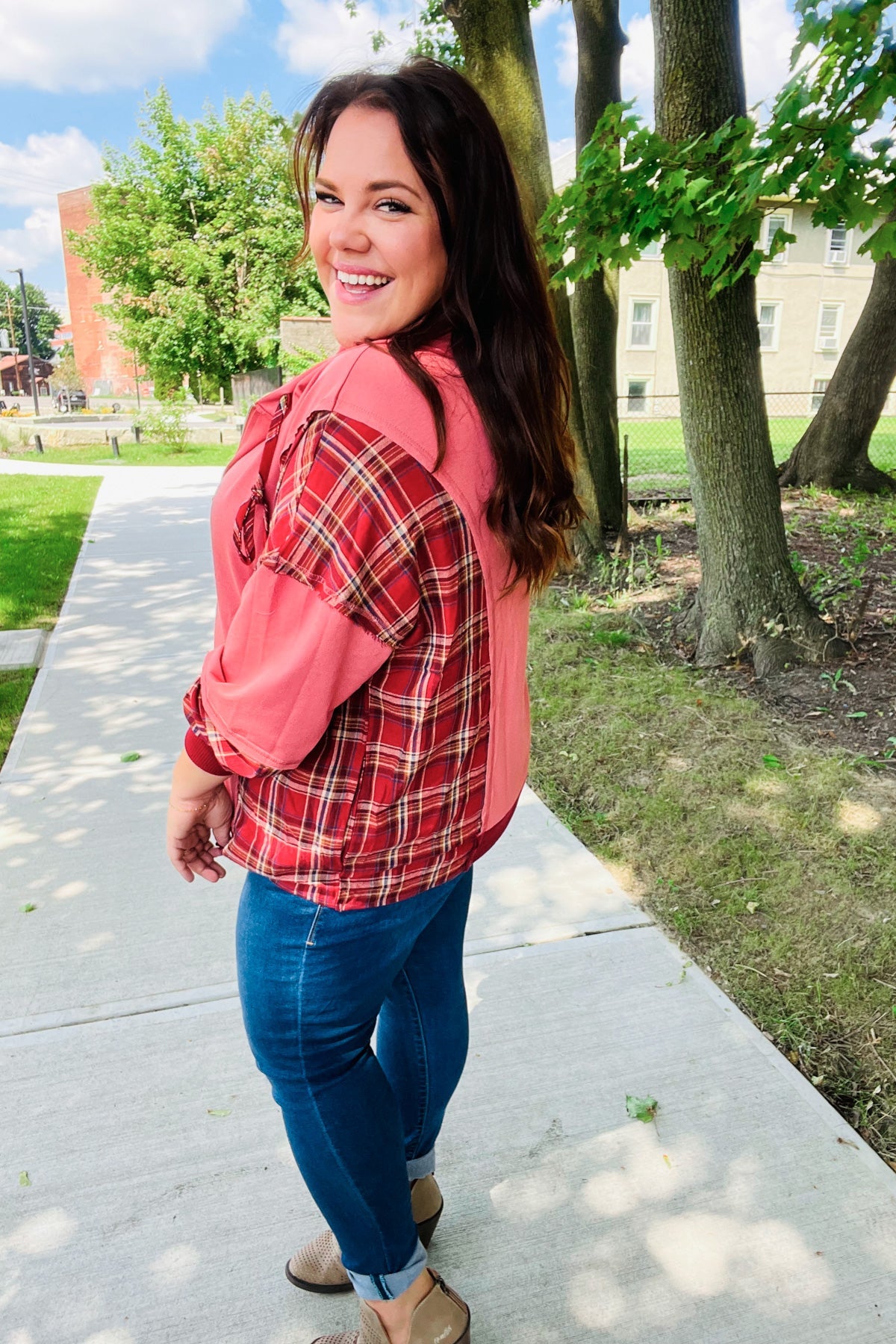 Maxct &Adorable in Marsala Plaid Color Block Zipper French Terry Hoodie