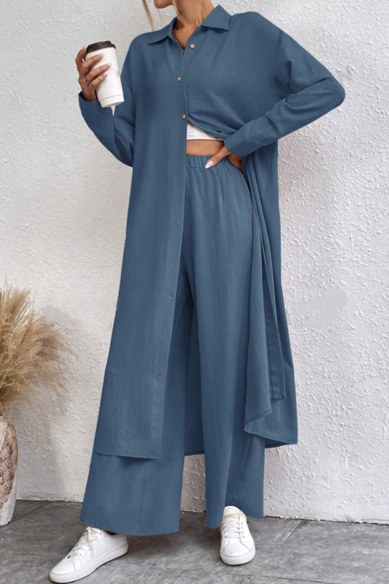 Maxct Solid Long Shirt Wide Leg Pants Set