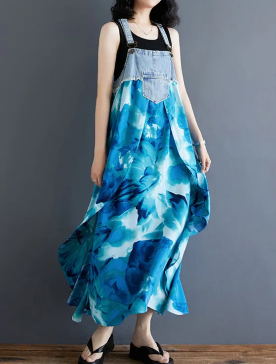 Women¡¯s Floral Spaghetti Strap Denim Patchwork Maxi Dress