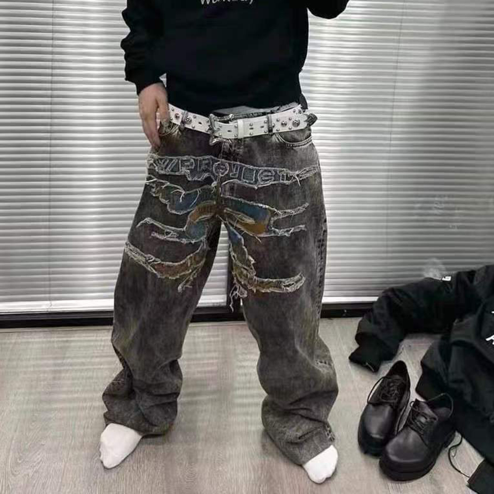 Jeans Pants for Men Straight Patchwork Streetwear Baggy Denim Trousers Unisex Cargos