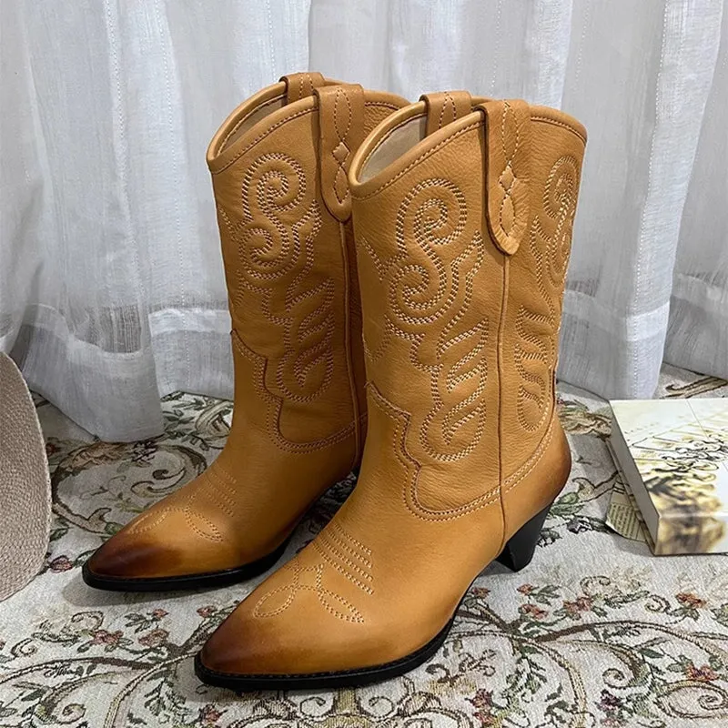Womens Embroidered Western Boots Block Heel Short Boots All Genuine Leather Maxct