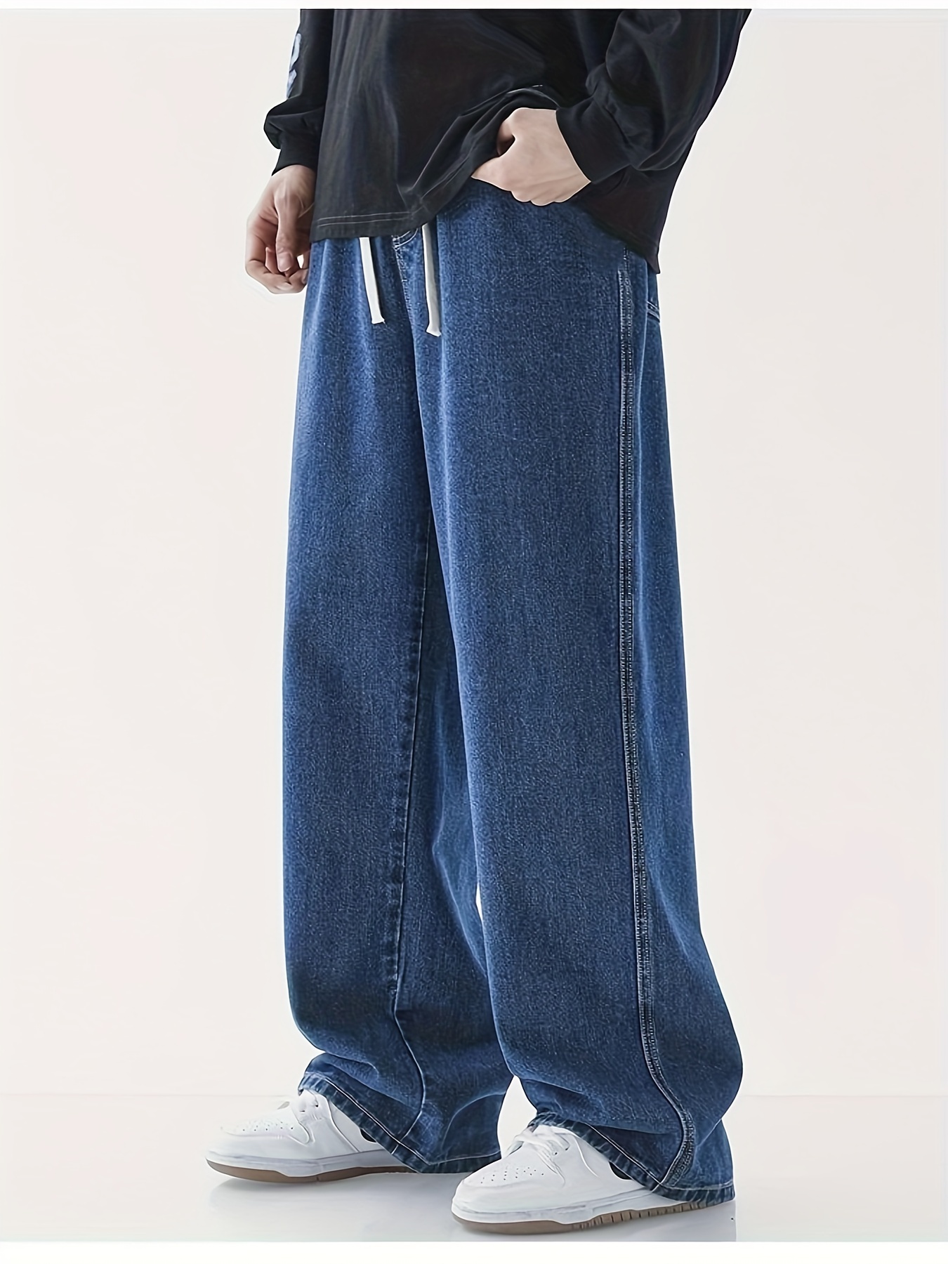 Wide Leg Cotton Jeans, Men's Casual Street Style Loose Fit Denim Pants For Spring Summer