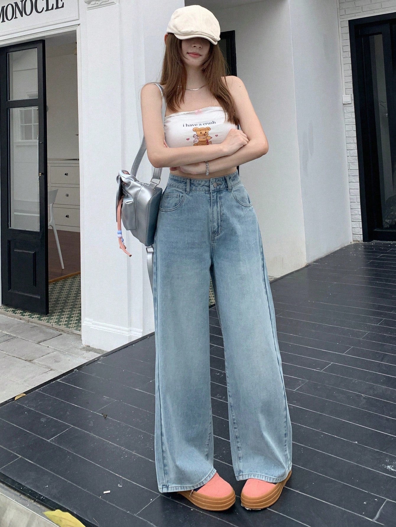 Maxct Women's Fashionable Wide-Leg Denim Pants, Solid Color, Loose Fit