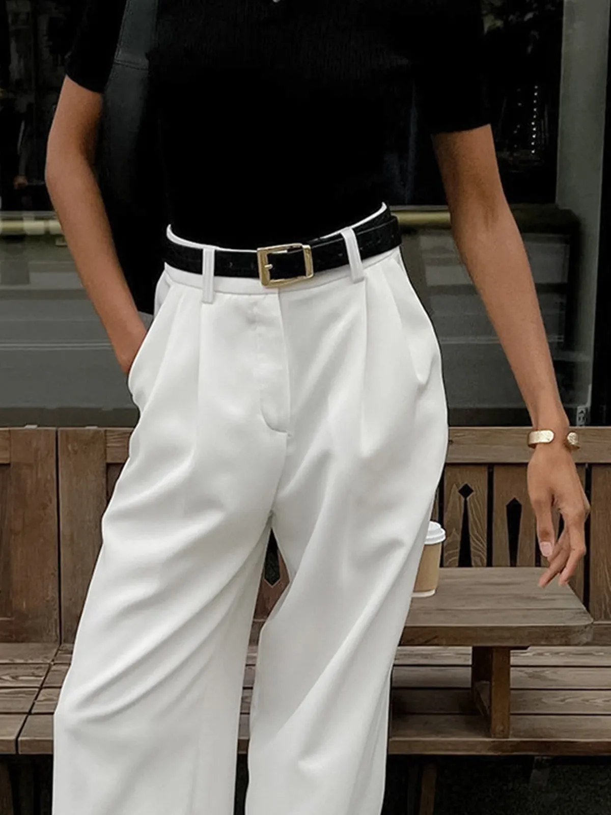 Maxct Solid Wide Leg Pants Without Belt