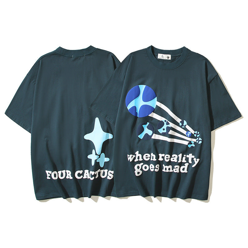 Maxct 90S Streetwear Bp American Retro Street Cartoon Letter Foam Printing Wash Men'S And Women'S Os High Street Short Sleeve T-Shirt Men'S And Women'S Same Style