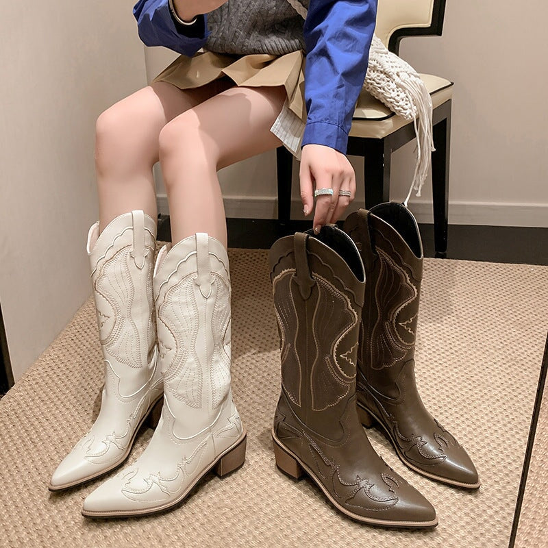 Womens Western Boots Mid Calf Contrast-stitching Cowboy Boots- White/Coffee Maxct
