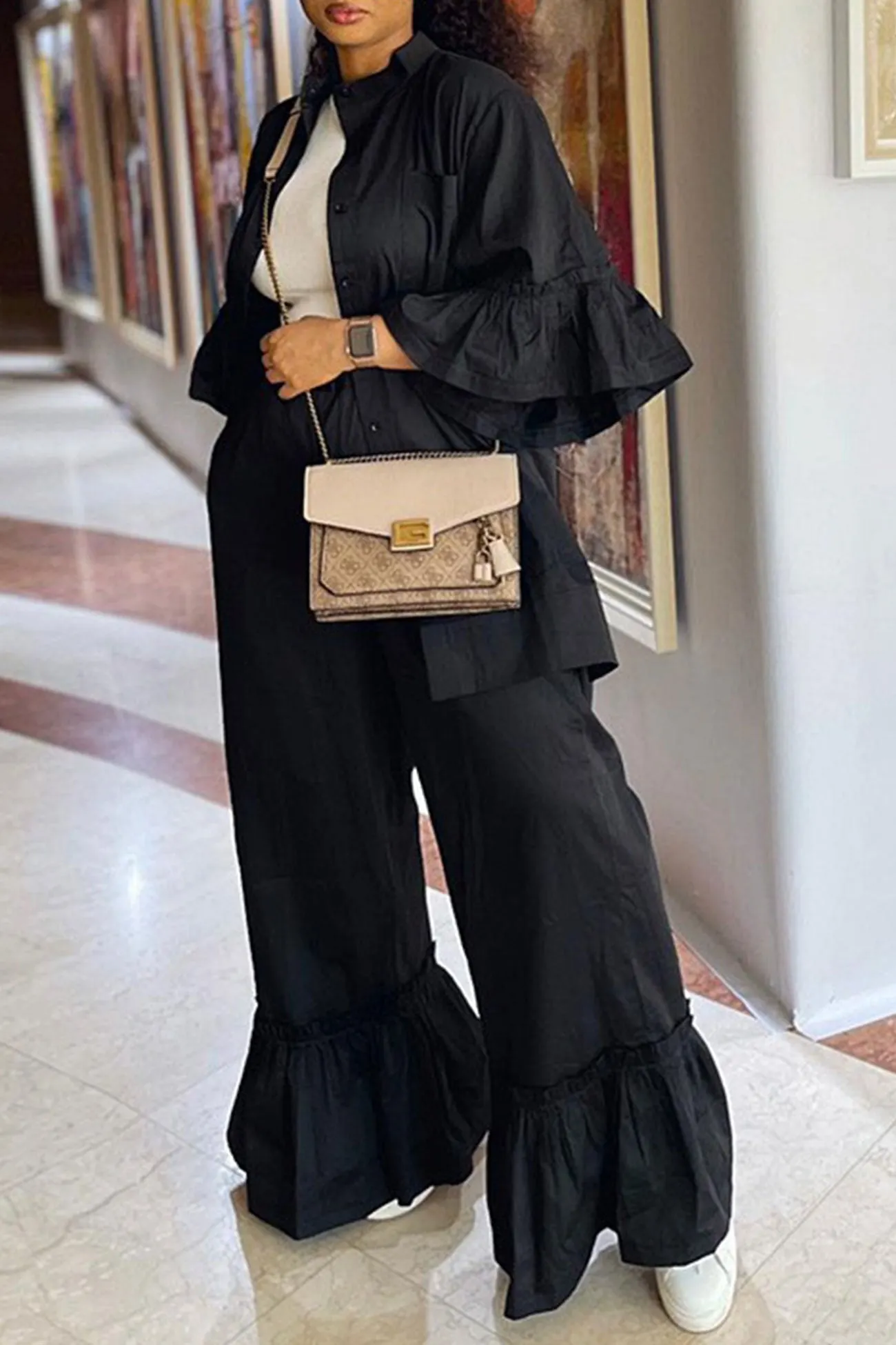 Maxct-Ruffle Half Sleeve Shirt Flares Pants Suits