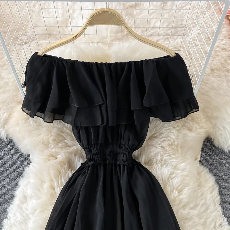 Chiffon Dress Women Sexy Slash Neck Ruffle Robe Elegant Ruffle High Waist Vestidos Female Beach Vacation New