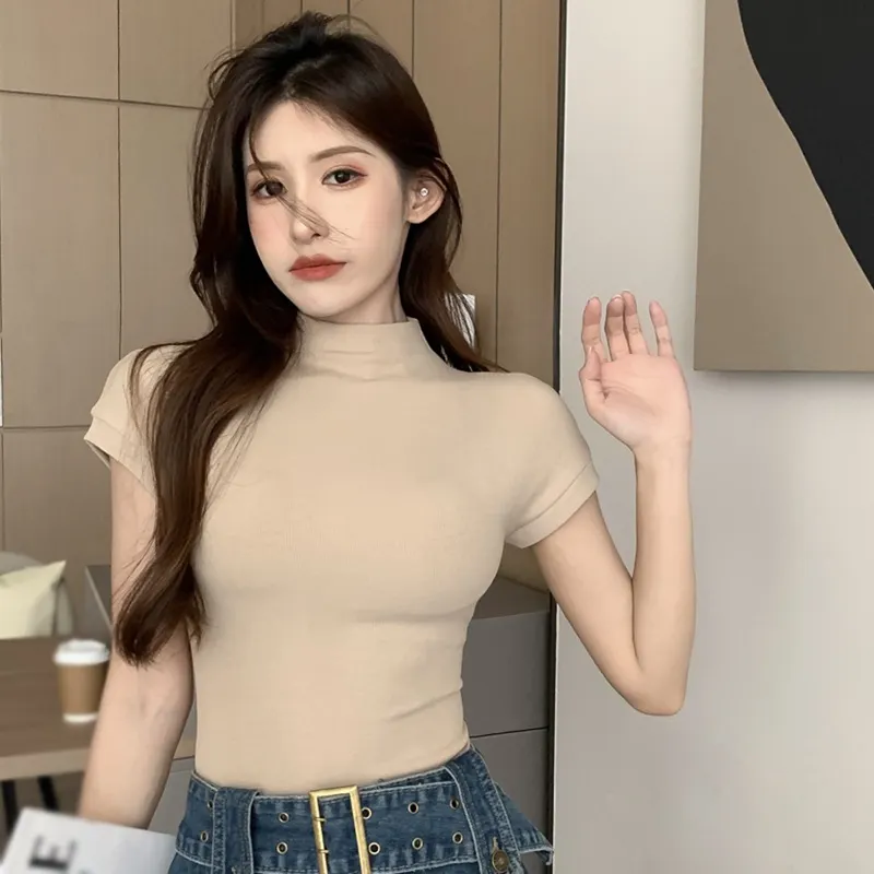 Maxct Half Turtleneck Short Sleeve T-Shirts Women Y2k Crop Tops Fashion Top Slim Blouse Chic Korean Style