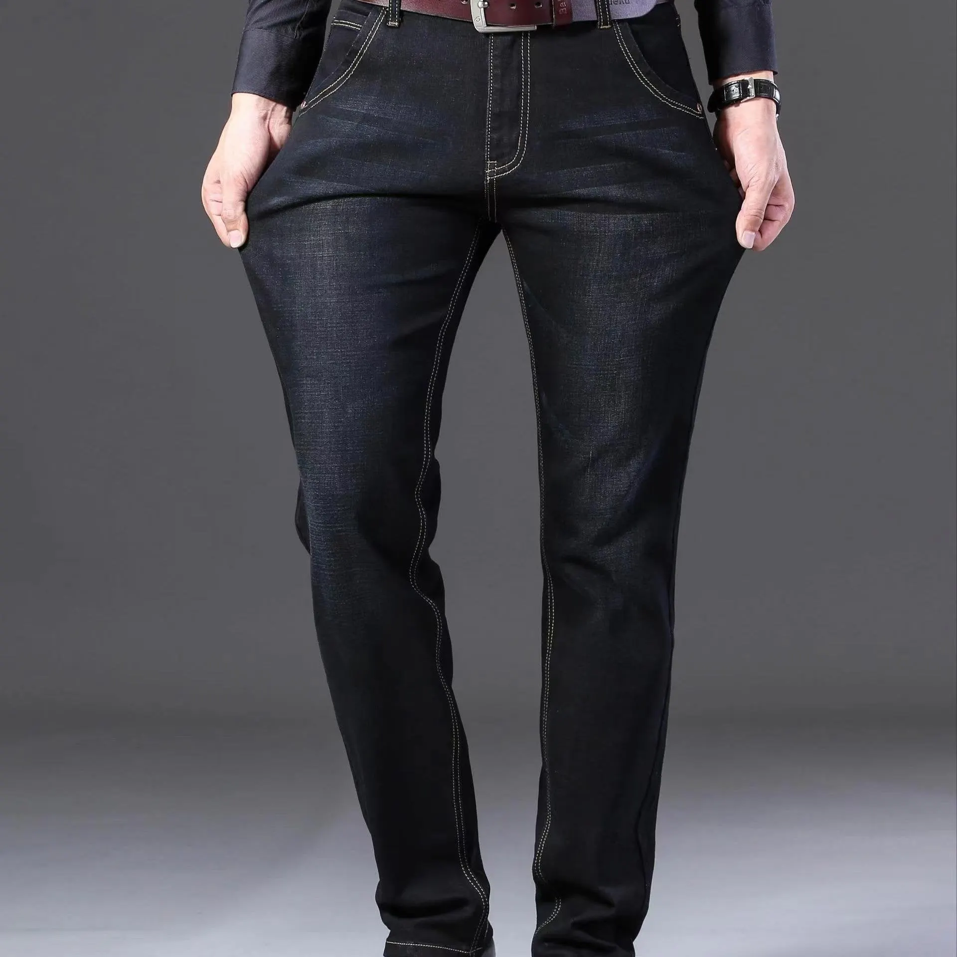 Maxct  Men's Straight Leg Slim Stretch Retro Jeans Mid Waist Basic Zipper Wash Denim Pants
